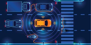 An illustration shows the overhead view of a car on the road and the range of its sensors