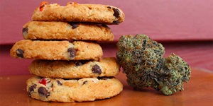 A stack of cookies sit next to a cannabis bud