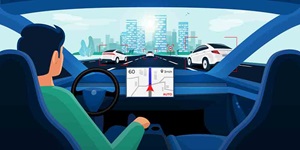 An illustration shows the interior of an autonomous vehicle from the driver's perspective