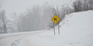 A snowy rural road is shown with a yellow caution sign that shows a car skidding