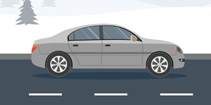 A digital illustration of a grey car on a road with snow covering the ground in the background.