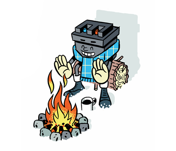 An illustration of a car battery with a face and hands, standing next to a fire and warming up.