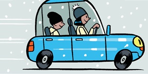An illustration of two people wearing winter hats, sitting inside of a blue car driving during a snowfall.