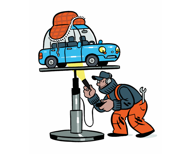 An illustration of a car up on a pedestal, as a cartoon man wearing orange overalls inspects its underside.