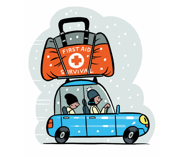 An illustration of two people wearing winter hats, sitting inside of a blue car driving during a snowfall. On top of the car is a large, orange safety kit.