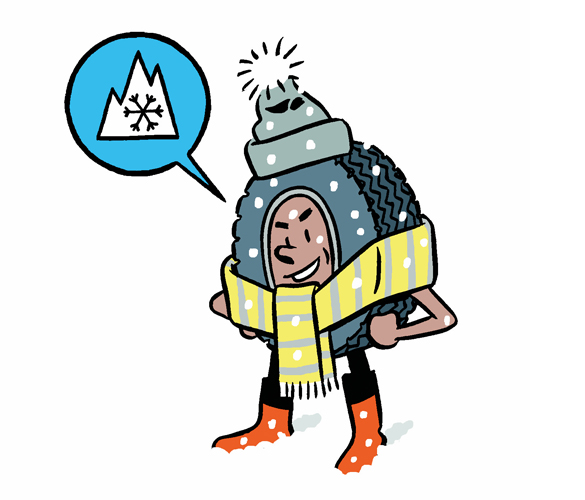 An illustration of a car tire with a face, arms and legs. It's wearing a yellow scarf and a grey winter hat, and there is a blue though bubble next to it with an image of a snowy mountain inside of it.