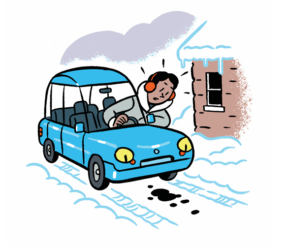 An illustration of a man in a blue car driving on snow. He is sticking his head out of the window of the car looking at a spot of oil that has appeared out from under his car.