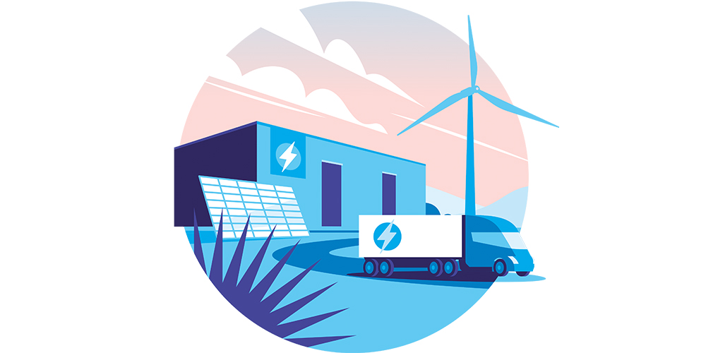 An illustration of an electric vehicle manufacturing plant. There are different modes of clean energy surrounding the plant like solar panels and a wind turbine, and an electric truck is driving away from the plant.
