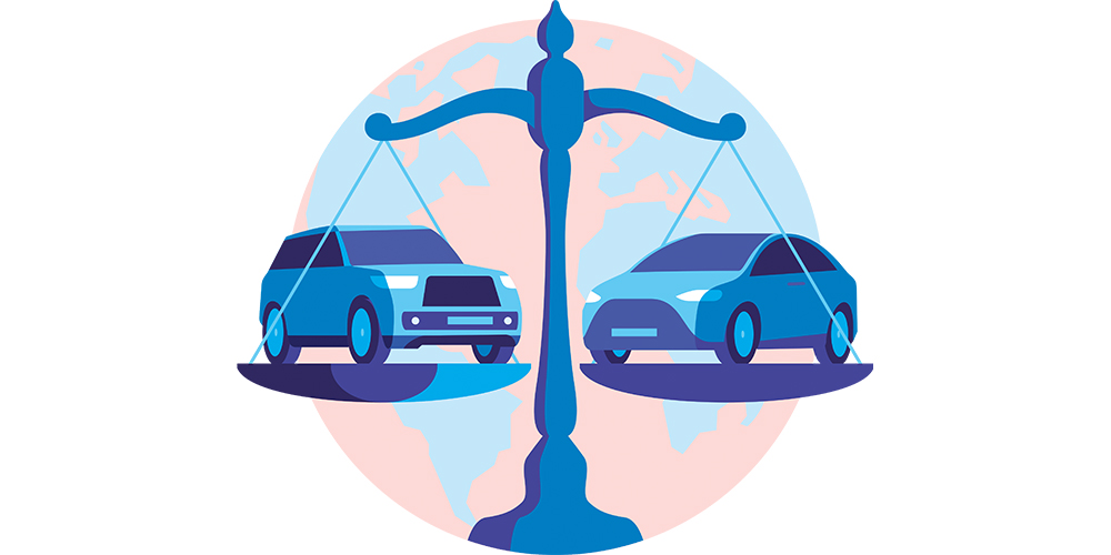  An illustration of a regular vehicle and an electric vehicle on a scale, in front of a globe.