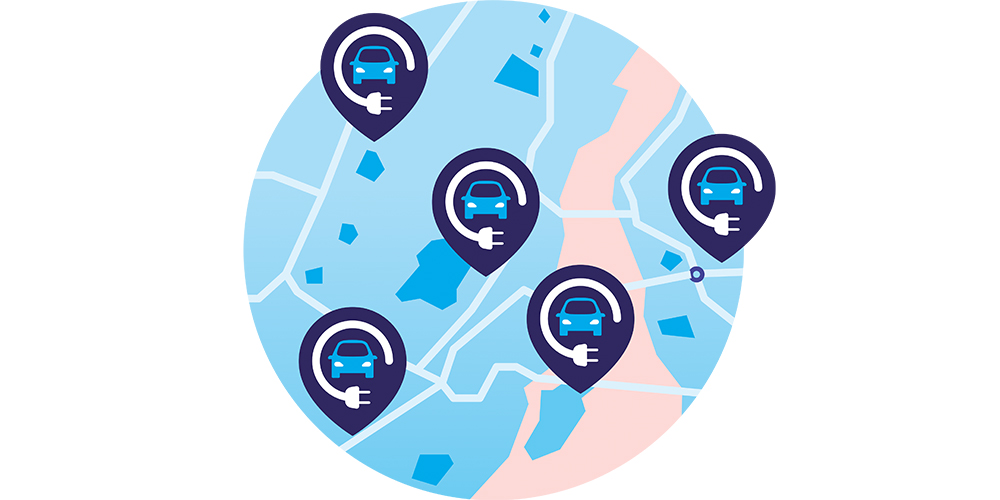 An illustration of a map with five pinpoints on it, showing where to find electric vehicle chargers at different locations.