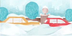 Cartoon image of a yellow and red car stuck in snowy bank on a tree lined street