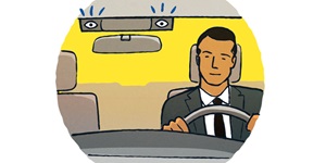 Illustration of a man in a suit behind a driving wheel with safety features by the rearview mirror