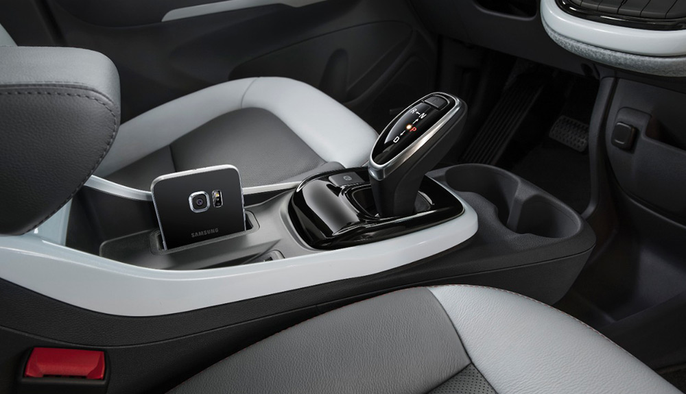 Interior shot of front seat of electric vehicle