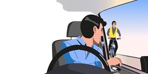 An illustration of a man with black hair, wearing a blue shirt sitting in a car with grey seats. He is using his left hand to reach across to his door handle and look out the window of his car. On the road outside of the car is a cyclist on a blue bike. He is wearing black pants and sneakers, with a grey shirt with a yellow vest and a black helmet with a yellow brim. 