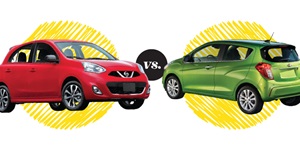 The red Nissan Micra and green Chevy Spark are shown with yellow circles behind them