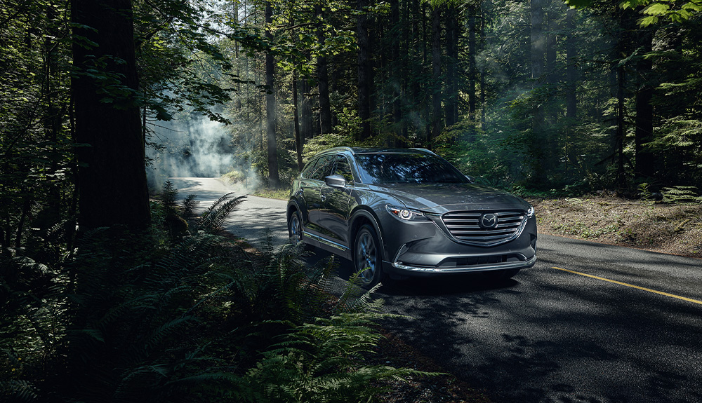 A grey Mazda CX-9 drives on a road through a forest.