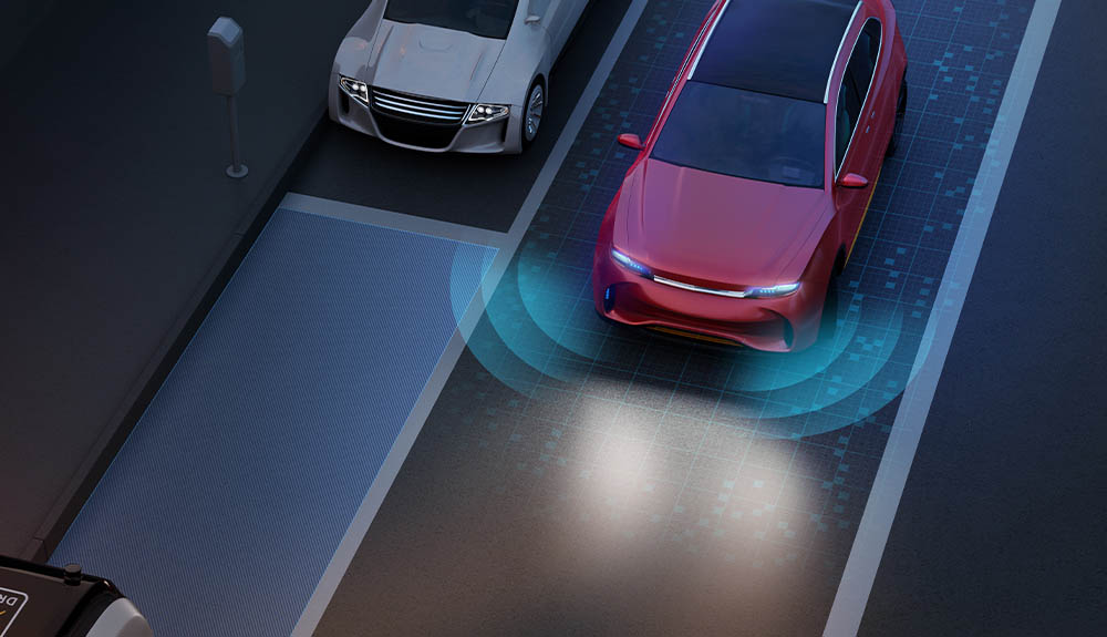 An illustration shows the range of the sensors that determine when a car is veering too far out of its lane.