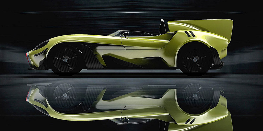 Futuristic green Jannarelly Design-X1 concept electric car parked in dark garage with reflection reflected in gleaming dark floor