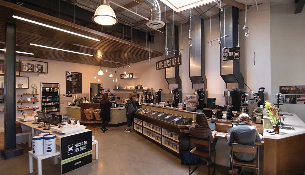 The modern, contemporary interior of Roast Coffee Bar in Berkley