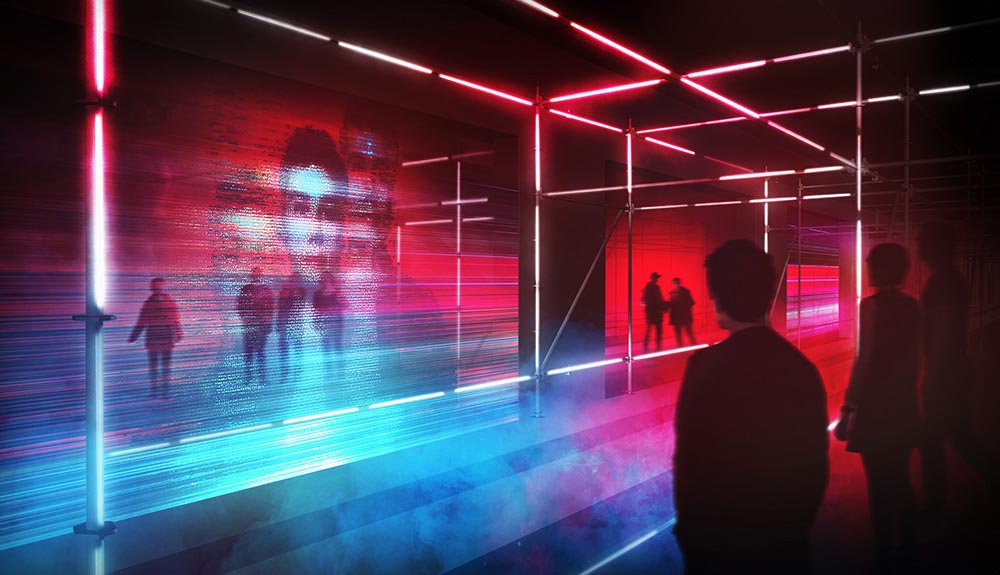 A blurred projection is seen through the futuristic red and white lights of the Kontinuum Experience in Ottawa, Ontario