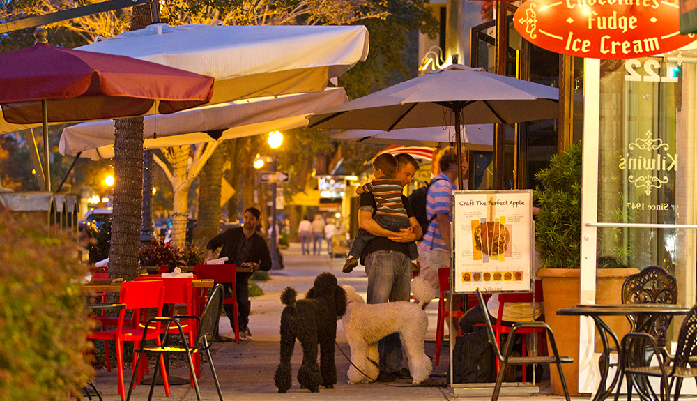 The patio of an ice cream shop is seen at night