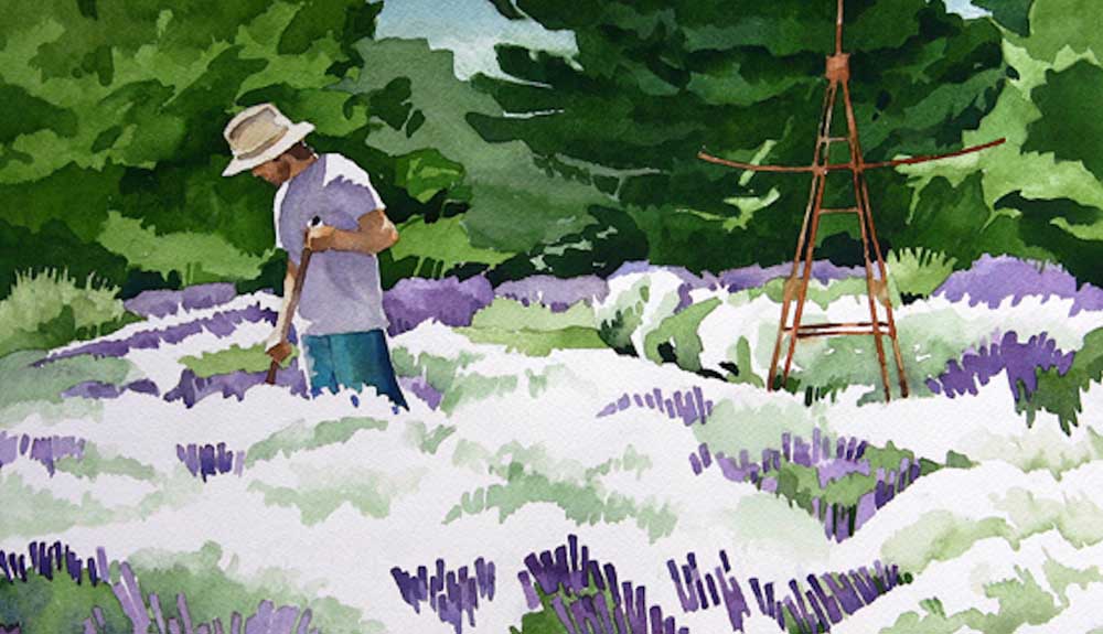 Painting of man in a hat and t-shirt in a field with purple flowers