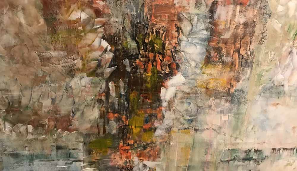 Abstract painting with lots of grey, orange and brown near the center
