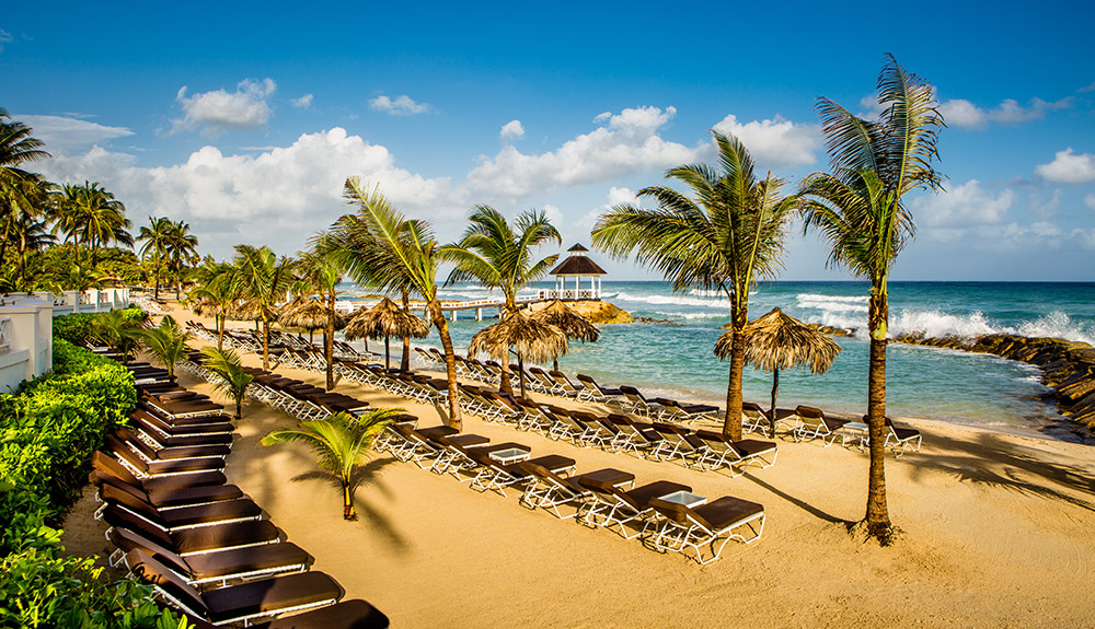 Lounge chairs and palm trees line the sandy beach at the Hyatt Ziva Rose Hall resort in Jamaica