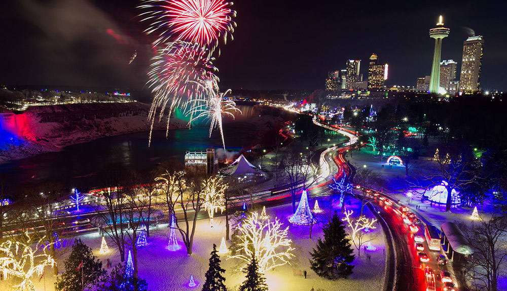 Fireworks light to sky over Niagra's Winter Festival of Lights at night