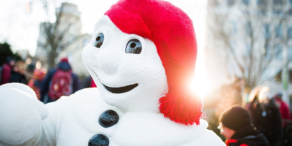 Close up shot of the Quebec carnival snowman mascot figure