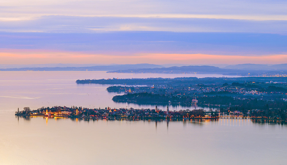 A shot of the coast of Lindau, Germany at sunset