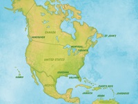 Illustration of map that features Canada, United States, Mexico, Jamaica, Puerto Rico and more destinations