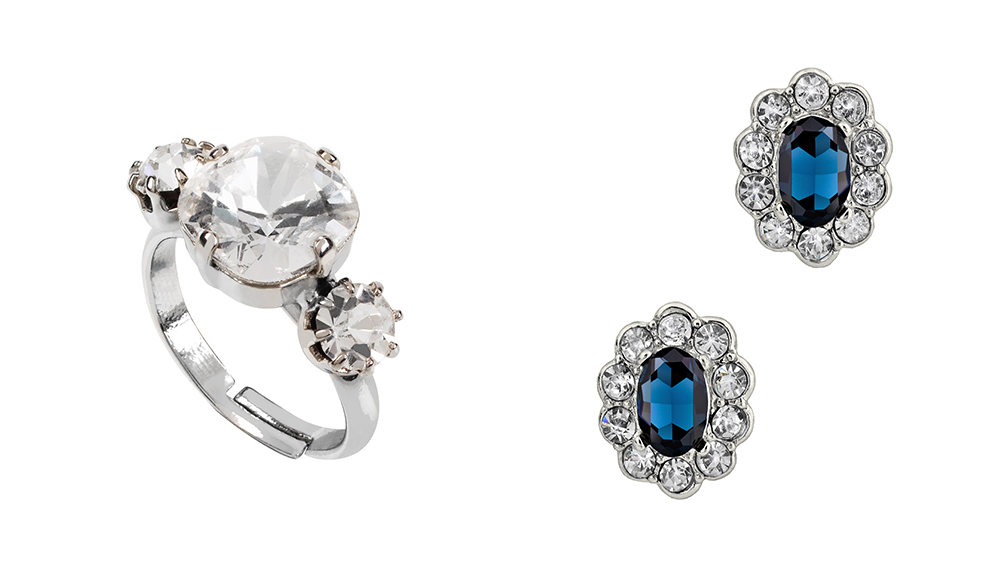 Close up of look-alike jewelry including engagement ring like Meghan's and Kate's wedding earrings