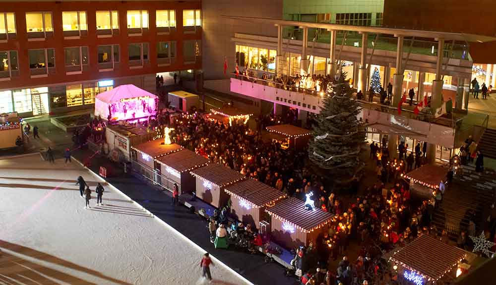 A shot of outdoor vendors in Kitchener for the Christkindl Market