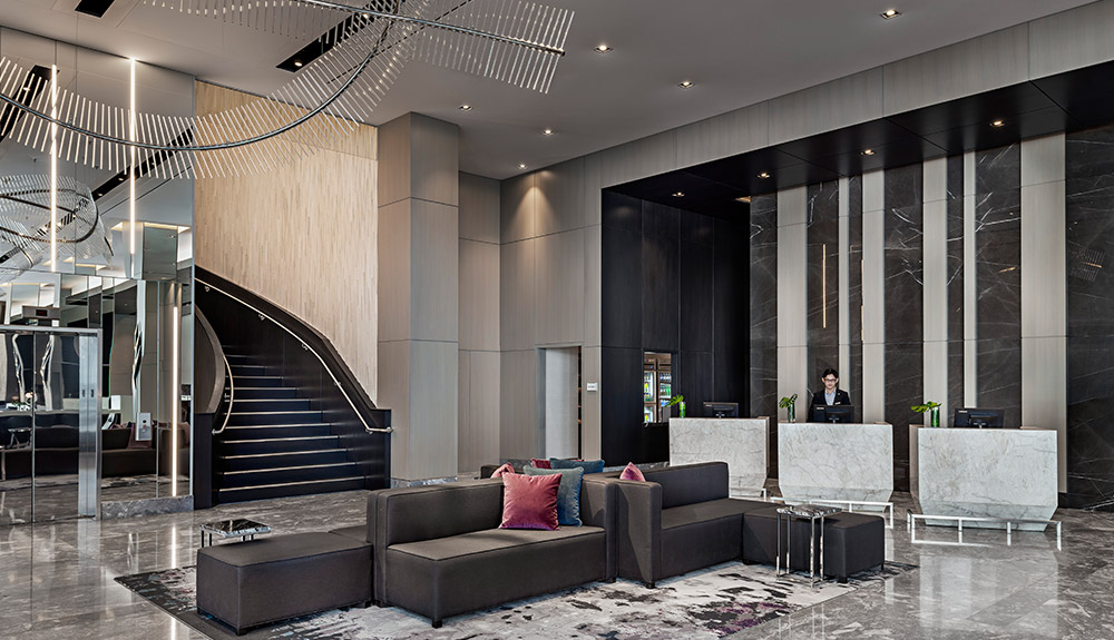 The expansive marble lobby of the Toronto Marriott Markham