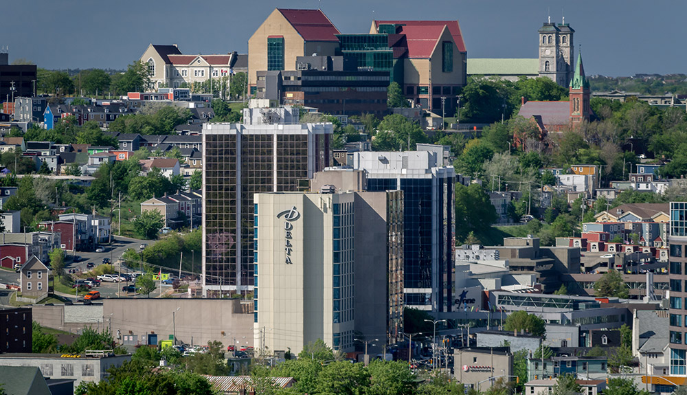 A shot of downtown St. John's centers on the Delta Hotels