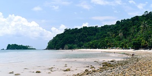 White sand beach with lush forest around it in Southeast Asia