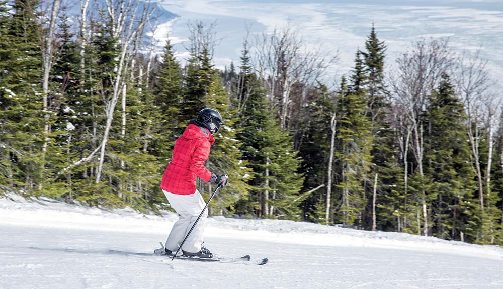 Person in red jacket skiing past pine trees at Le Massif de Charlevoix in Quebec Canada