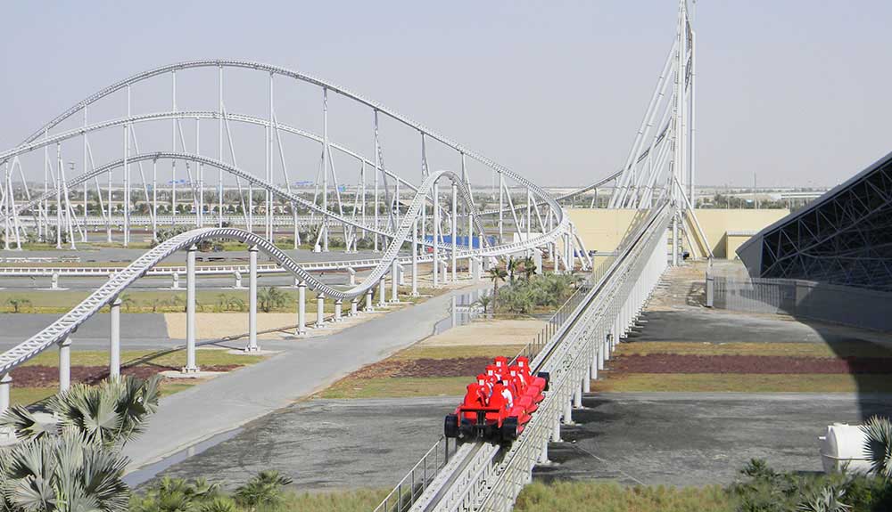 Empty roller coaster cart on the track of the world's fastest roller coaster ride