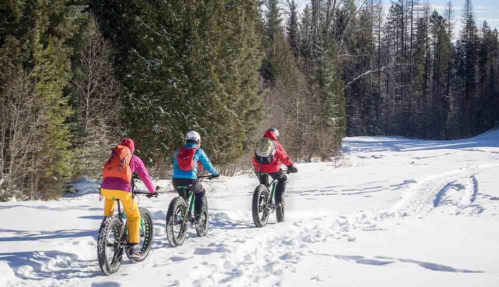 Group of three people in winter clothes fat biking across snowy field in Fernie, B.C., Canada