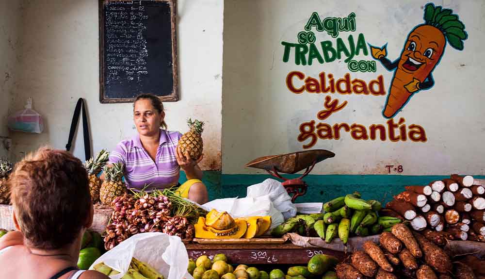 A woman sells fruit in Havana