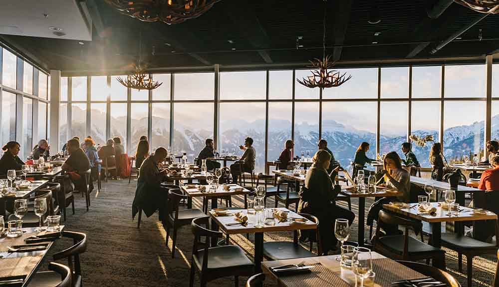 The dining room at Sky Bistro overlooking the mountains.