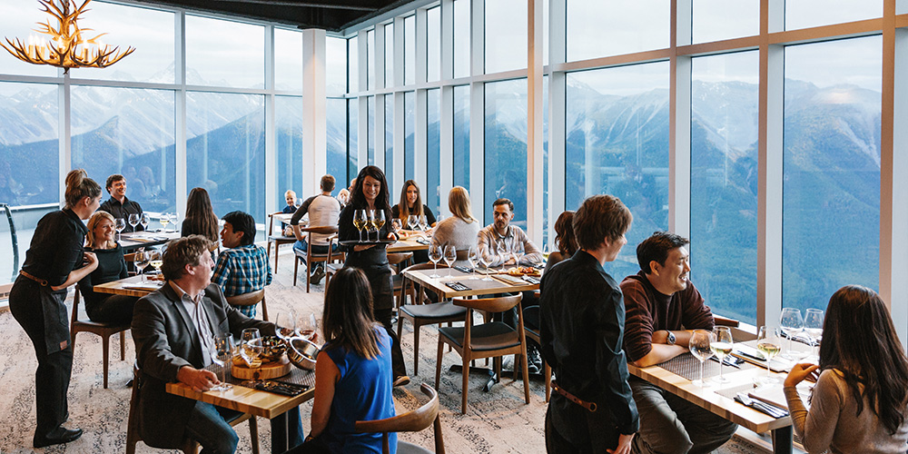 The dining room at Sky Bistro overlooking the mountains.