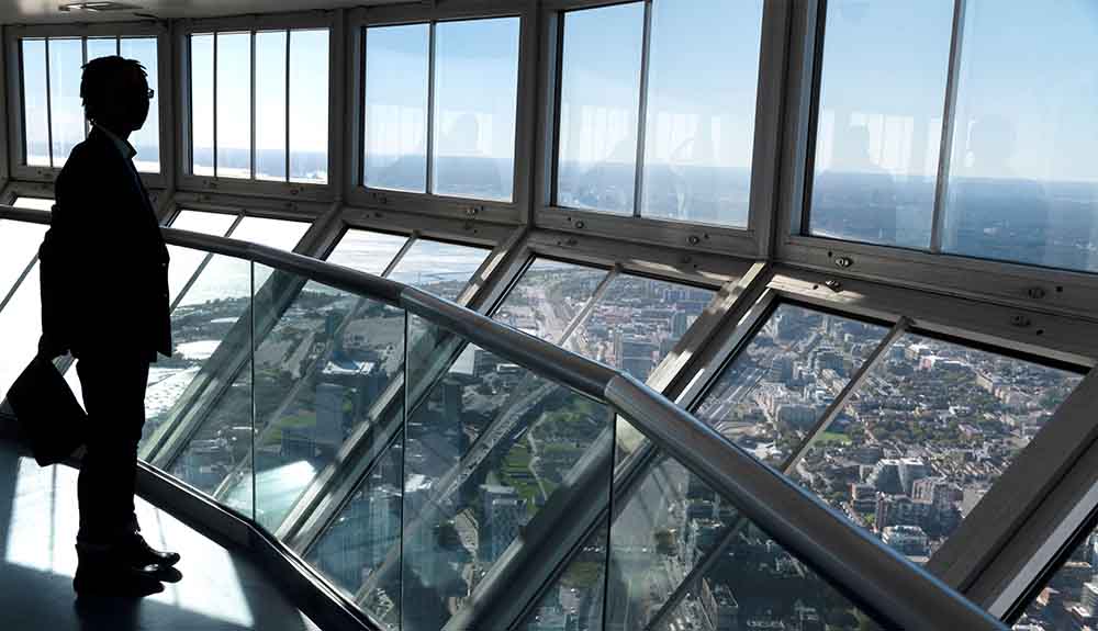 Looking out from inside the CN Tower, in Toronto, Ontario