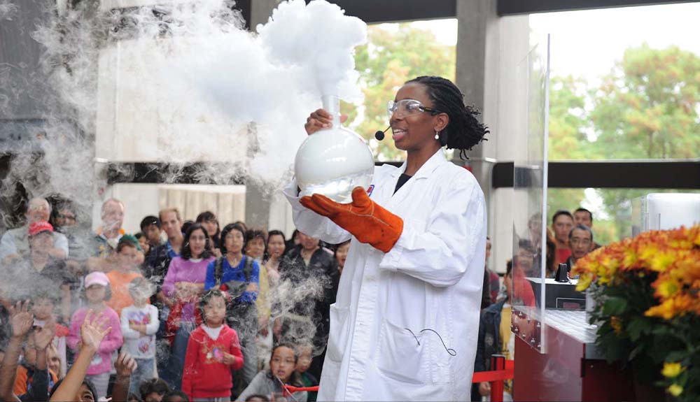 A scientist gives a demonstration at the Ontario Science Centre, in Toronto, Ontario