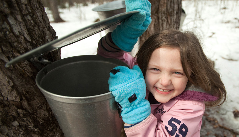 A young girl poses with a bucket under a maple tree in the Kawarthas Northumberland region of Ontario.