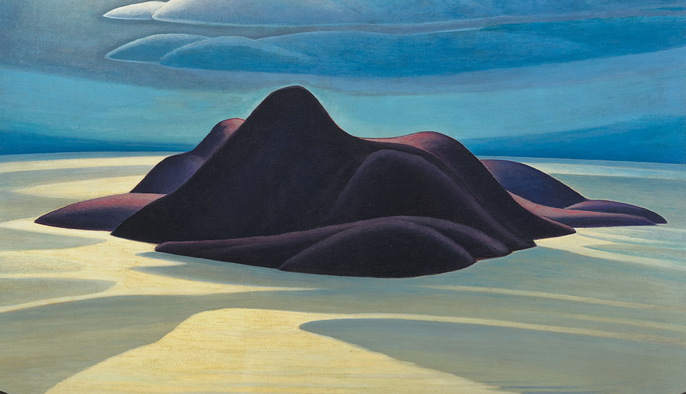 A painting of a mountain surrounded by a sea of sand.