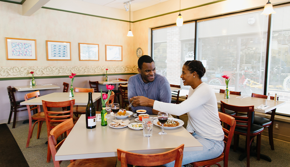 A couple eats dinner at Ayse's Turkish Café in Ann Arbor, Michigan
