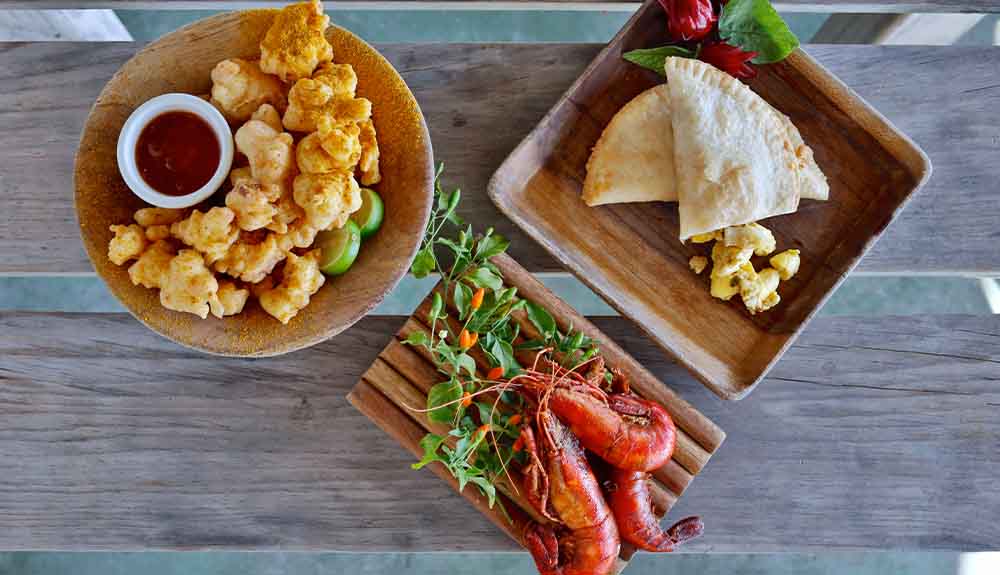 A sampling of battered chicken, shrimp and a vegetable patty from Rockhouse Restaurant.