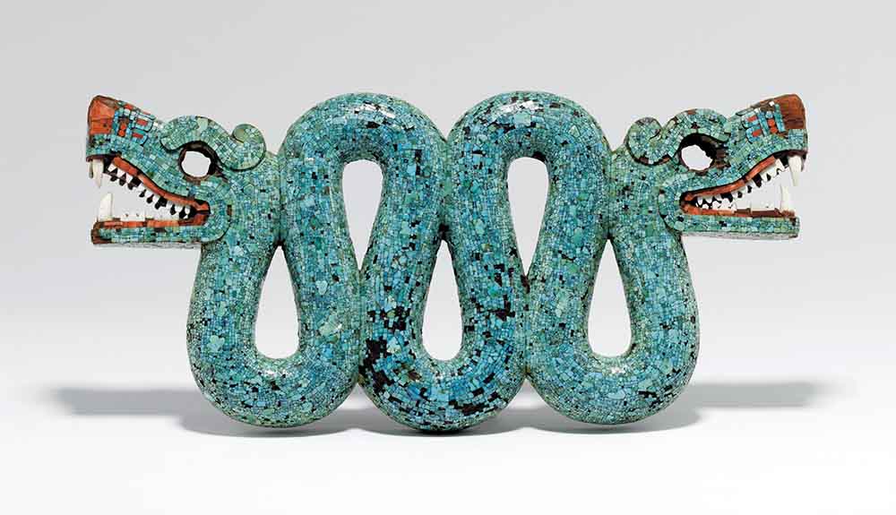 A sculpture of a two-headed snake is shown on a white background